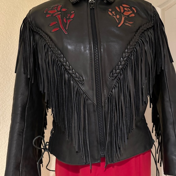 Black Fringe Leather Biker Jacket with Cut Out Rose Details - Picture 7 of 16